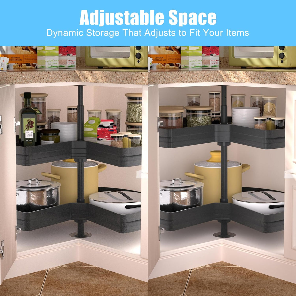 28" Kidney Lazy Susan for Cabinet,270° Height Adjustable Replacement Shelves for Kitchen Corner Cabinet, Metal, Dark Gray (Cannot Be Door-Mounted)