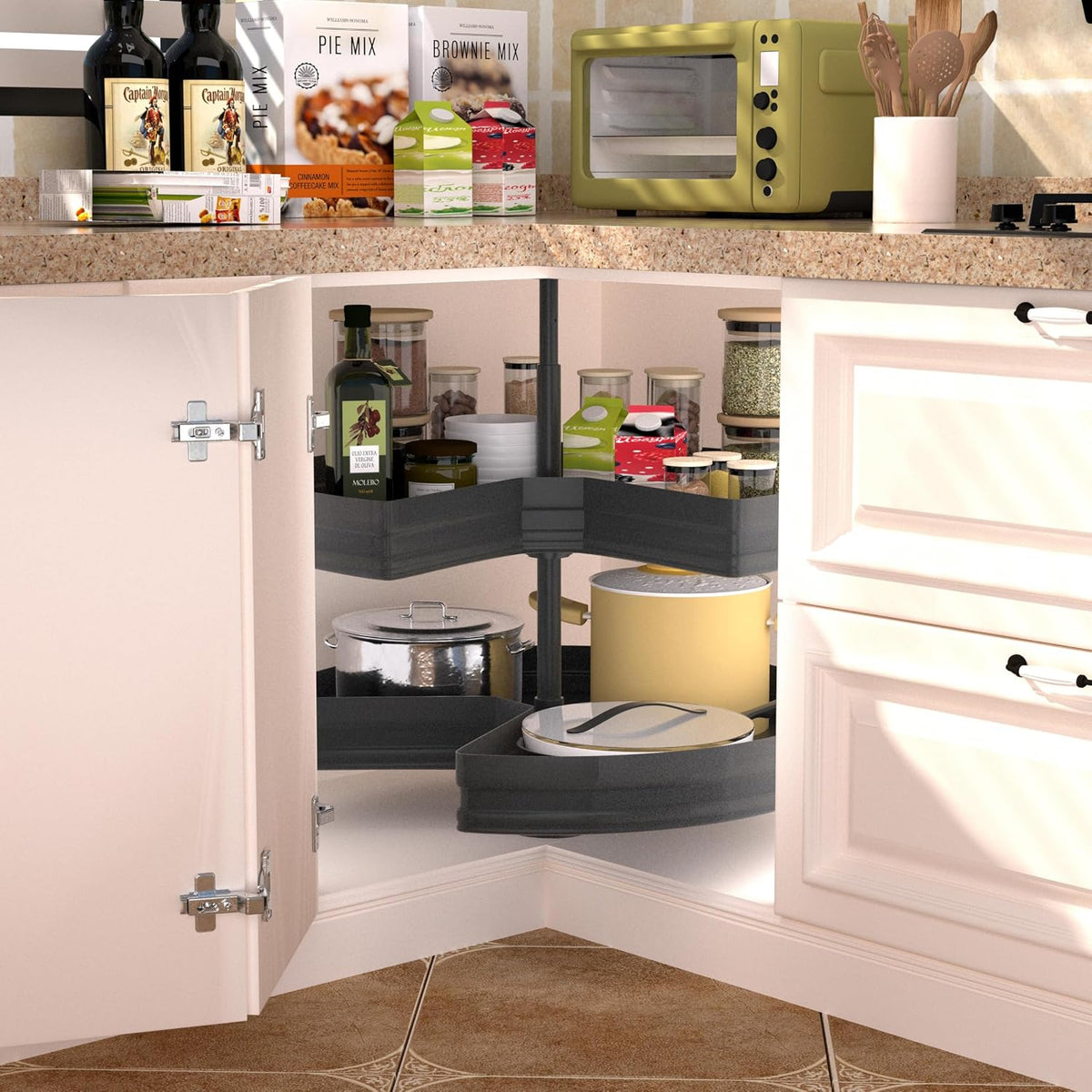 28" Kidney Lazy Susan for Cabinet,270° Height Adjustable Replacement Shelves for Kitchen Corner Cabinet, Metal, Dark Gray (Cannot Be Door-Mounted)