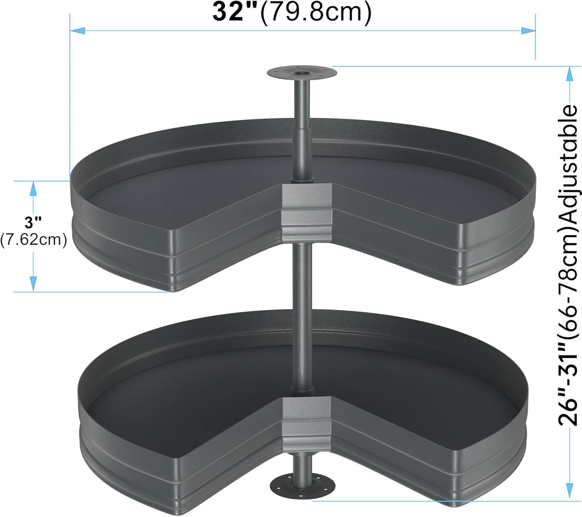 28" Kidney Lazy Susan for Cabinet,270° Height Adjustable Replacement Shelves for Kitchen Corner Cabinet, Metal, Dark Gray (Cannot Be Door-Mounted)