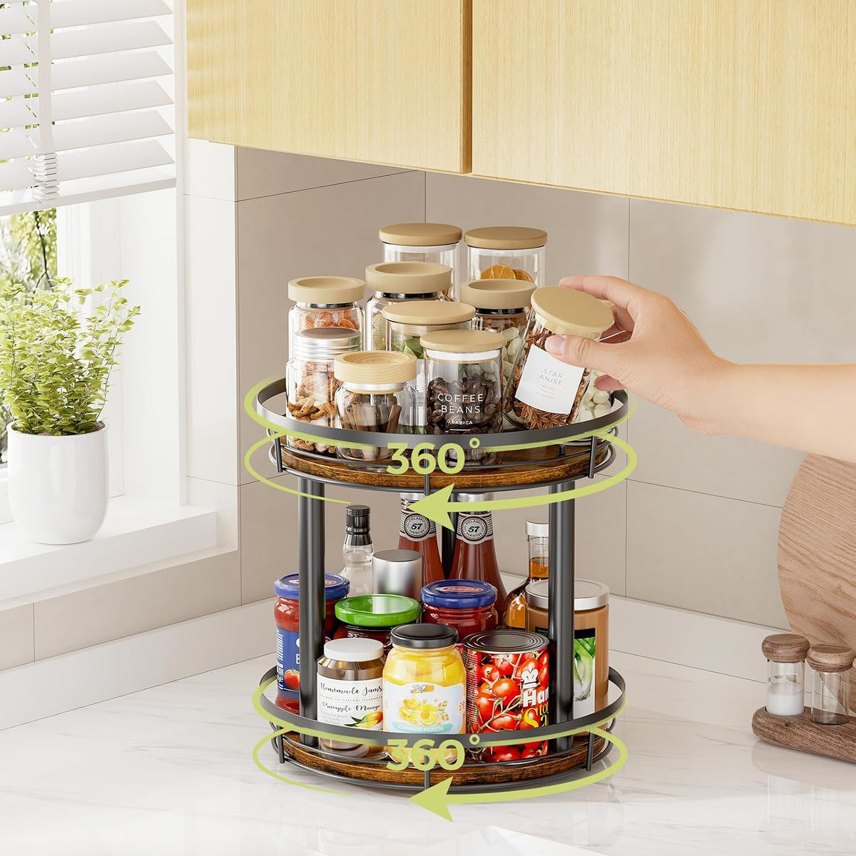 LAMU 10'' Wood Lazy Susan Spice Rack Organizer, 2 Tier Spice Organization for Cabinet, Countertop, Kitchen, Table Top, Pantry, Condiment and Seasoning Rack Organizer