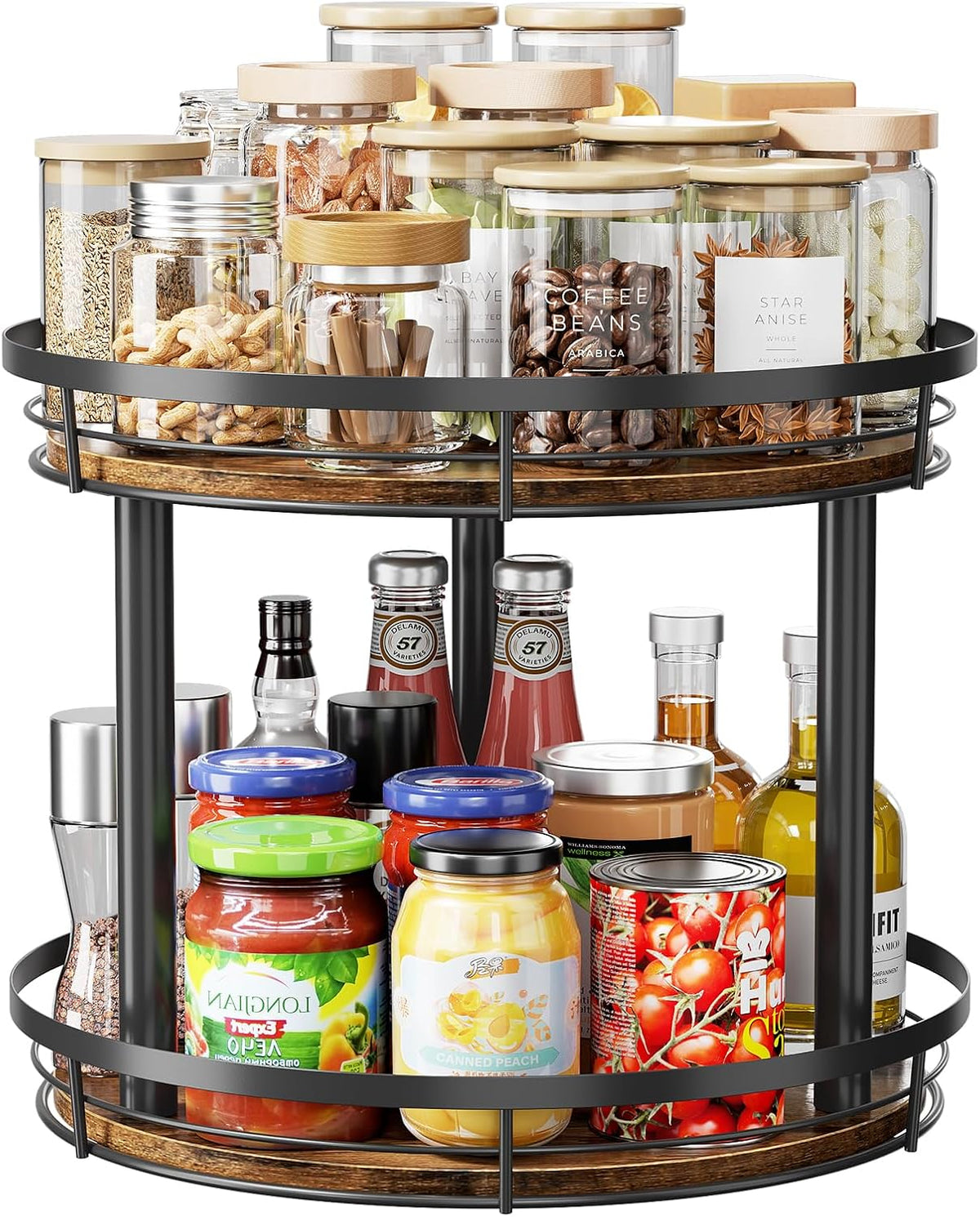 LAMU 10'' Wood Lazy Susan Spice Rack Organizer, 2 Tier Spice Organization for Cabinet, Countertop, Kitchen, Table Top, Pantry, Condiment and Seasoning Rack Organizer