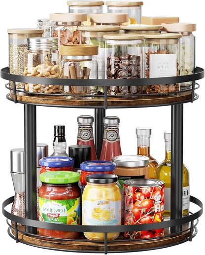 LAMU 10'' Wood Lazy Susan Spice Rack Organizer, 2 Tier Spice Organization for Cabinet, Countertop, Kitchen, Table Top, Pantry, Condiment and Seasoning Rack Organizer
