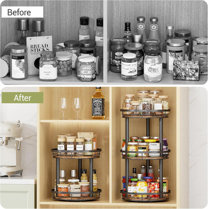 LAMU 10'' Wood Lazy Susan Spice Rack Organizer, 2 Tier Spice Organization for Cabinet, Countertop, Kitchen, Table Top, Pantry, Condiment and Seasoning Rack Organizer