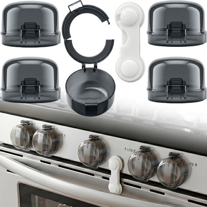 Stove Knob Safety Covers, V-0 Flame Retardant, 5 Covers & 1 Lock