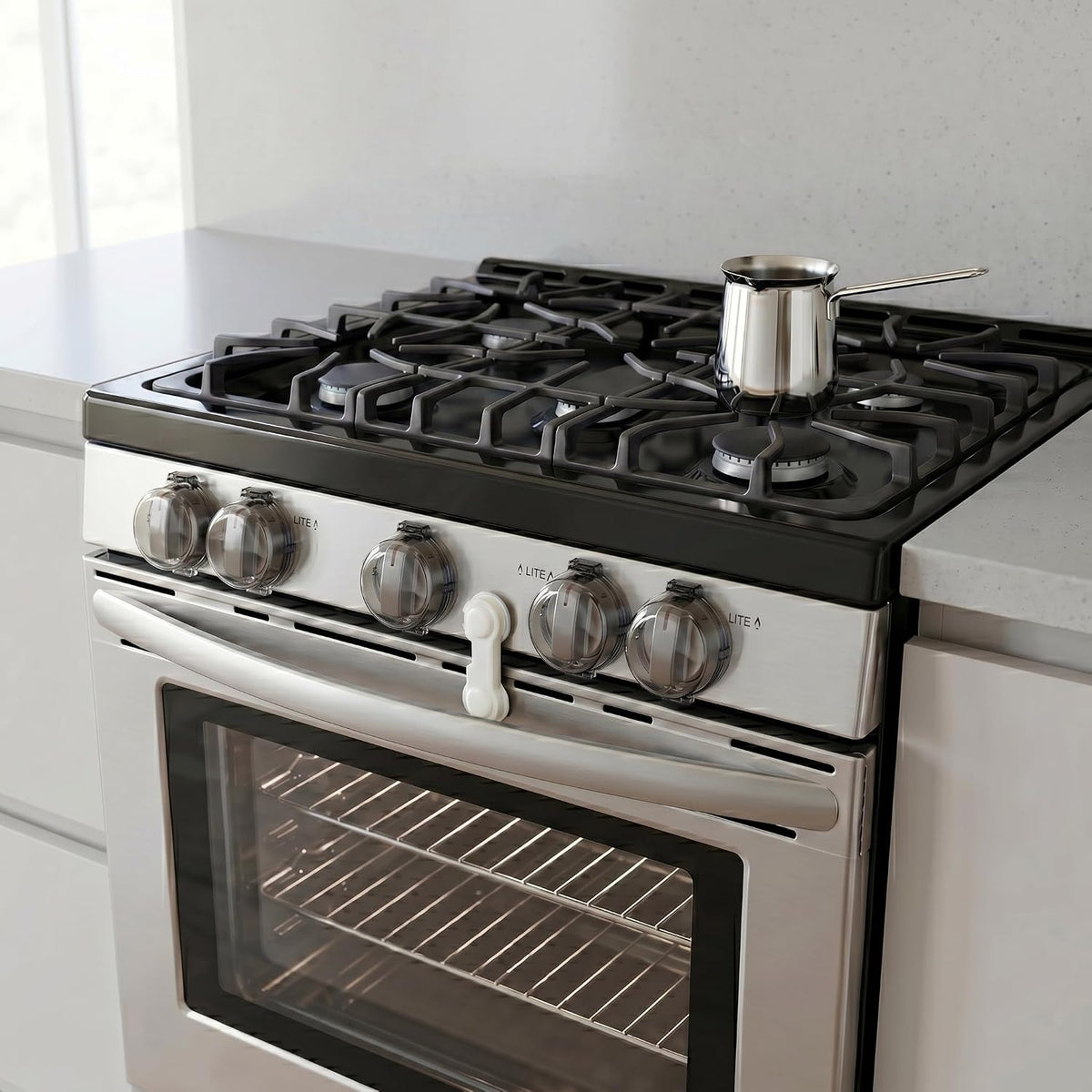 Stove Knob Safety Covers, V-0 Flame Retardant, 5 Covers & 1 Lock