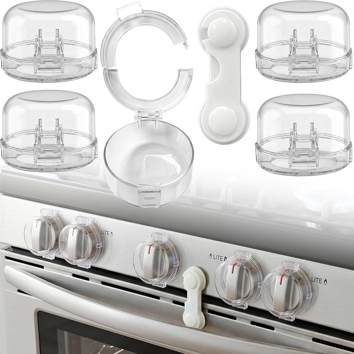 Stove Knob Safety Covers, V-0 Flame Retardant, 5 Covers & 1 Lock