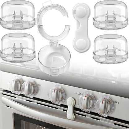 Stove Knob Safety Covers, V-0 Flame Retardant, 5 Covers & 1 Lock