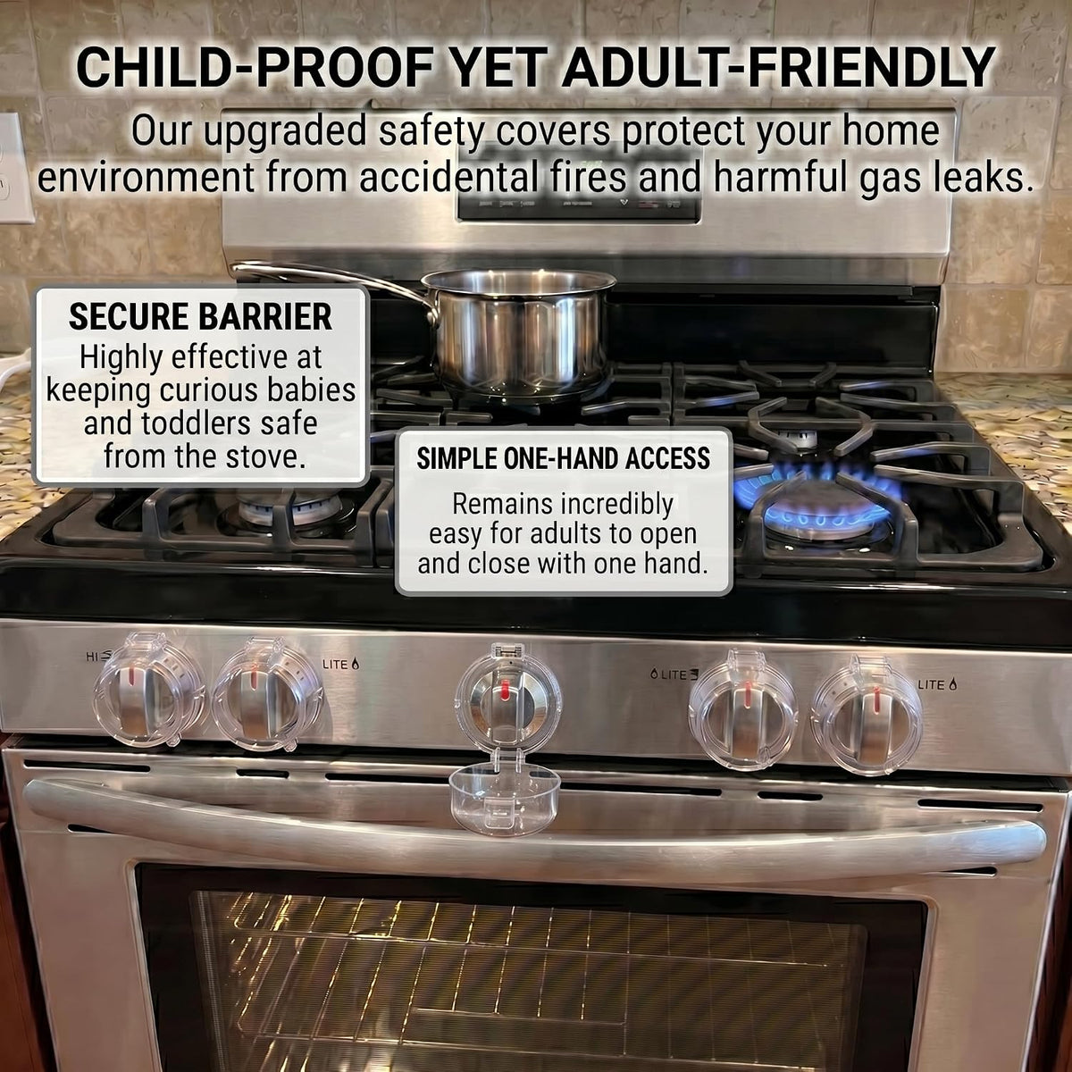 Stove Knob Safety Covers, V-0 Flame Retardant, 5 Covers & 1 Lock