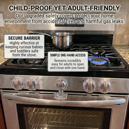 Stove Knob Safety Covers, V-0 Flame Retardant, 5 Covers & 1 Lock