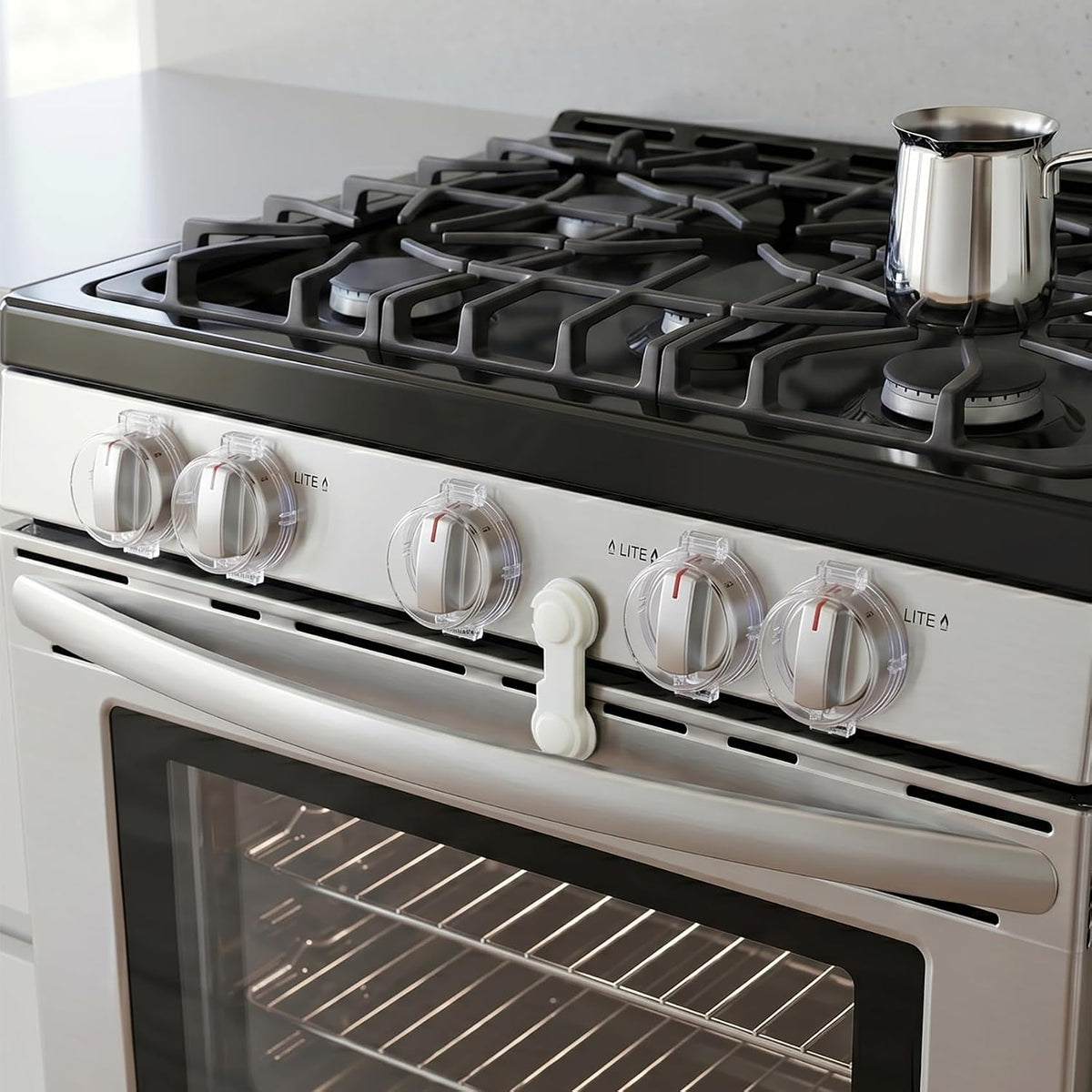 Stove Knob Safety Covers, V-0 Flame Retardant, 5 Covers & 1 Lock