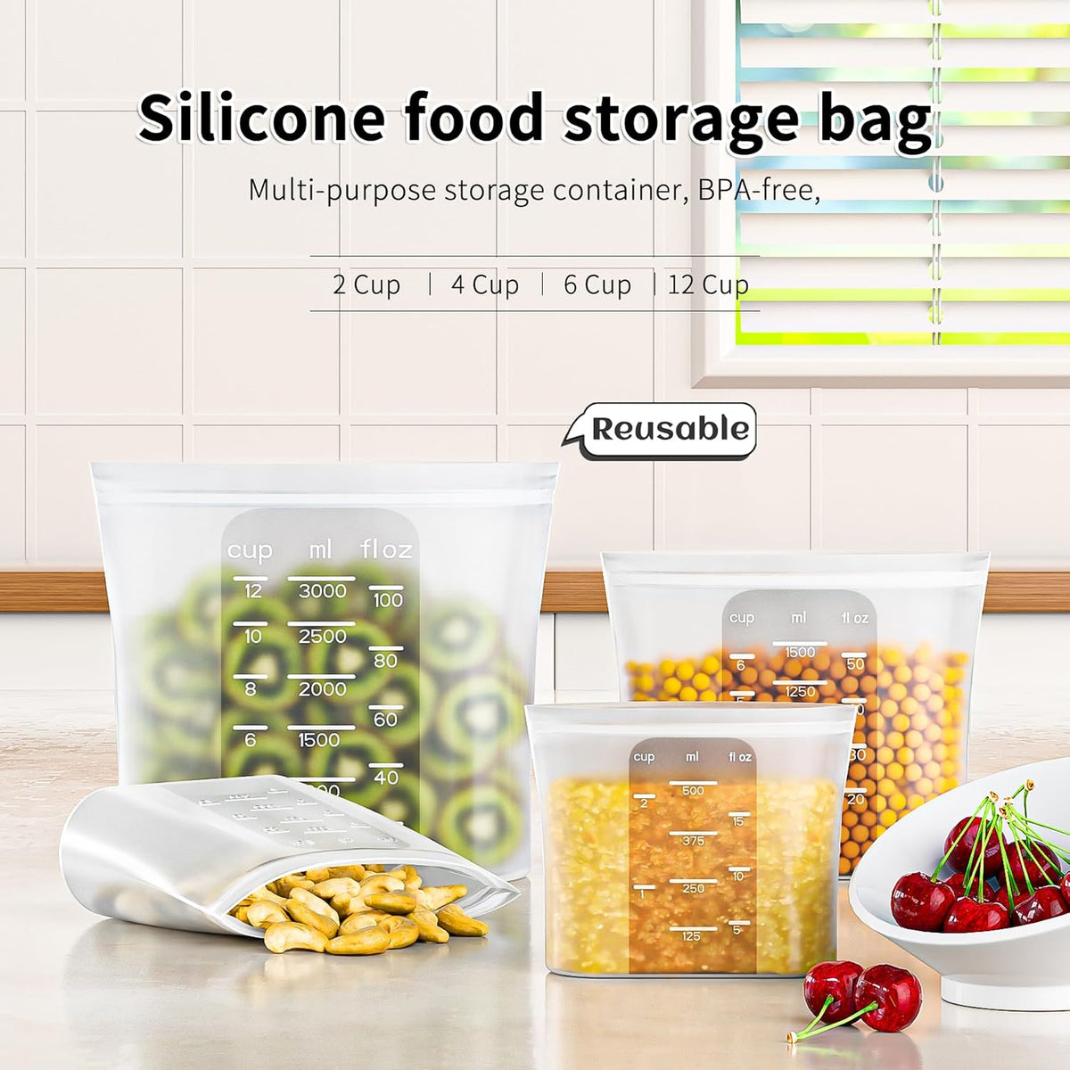 Premium Silicone Reusable Food Storage Bags,4 Pack