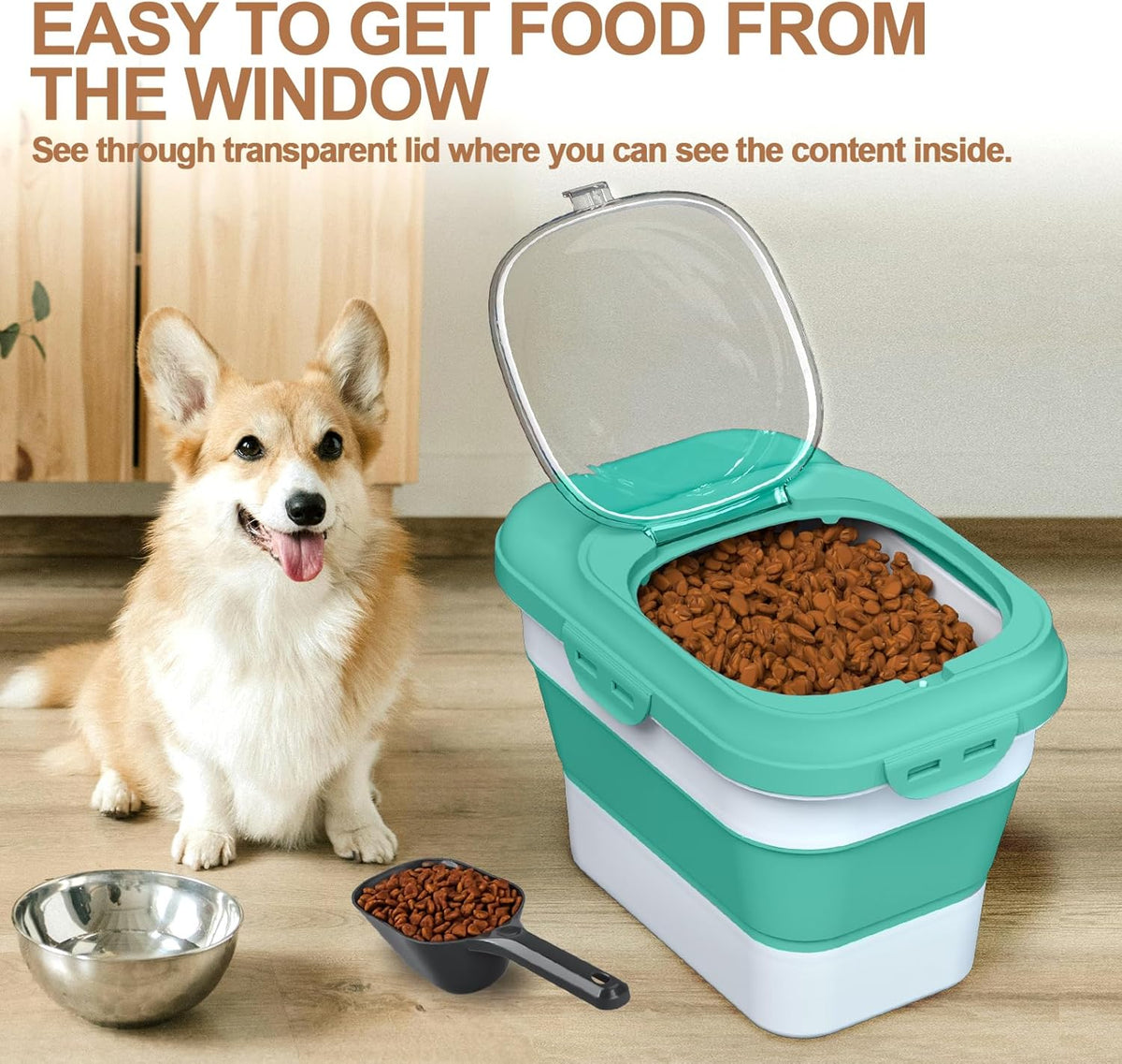 Dog Food Storage Container Small, 10-13lbs Collapsible Dog Cat Food Containers with Airtight Clear Flip-top and Pet Food Scoop, Pet Food Storage Container Bin for Dog Cat Bird Other Pets Grey