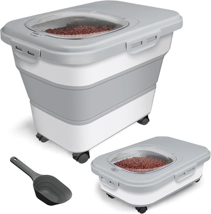 Dog Food Storage Container Small, 10-13lbs Collapsible Dog Cat Food Containers with Airtight Clear Flip-top and Pet Food Scoop, Pet Food Storage Container Bin for Dog Cat Bird Other Pets Grey
