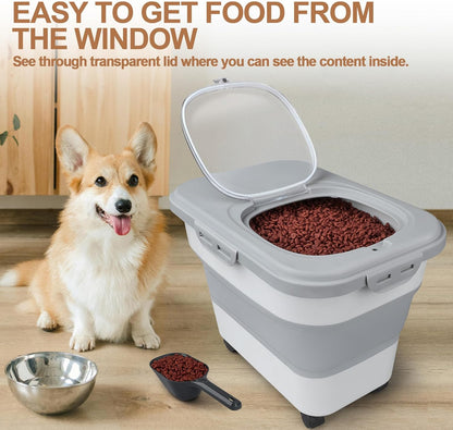 Dog Food Storage Container Small, 10-13lbs Collapsible Dog Cat Food Containers with Airtight Clear Flip-top and Pet Food Scoop, Pet Food Storage Container Bin for Dog Cat Bird Other Pets Grey