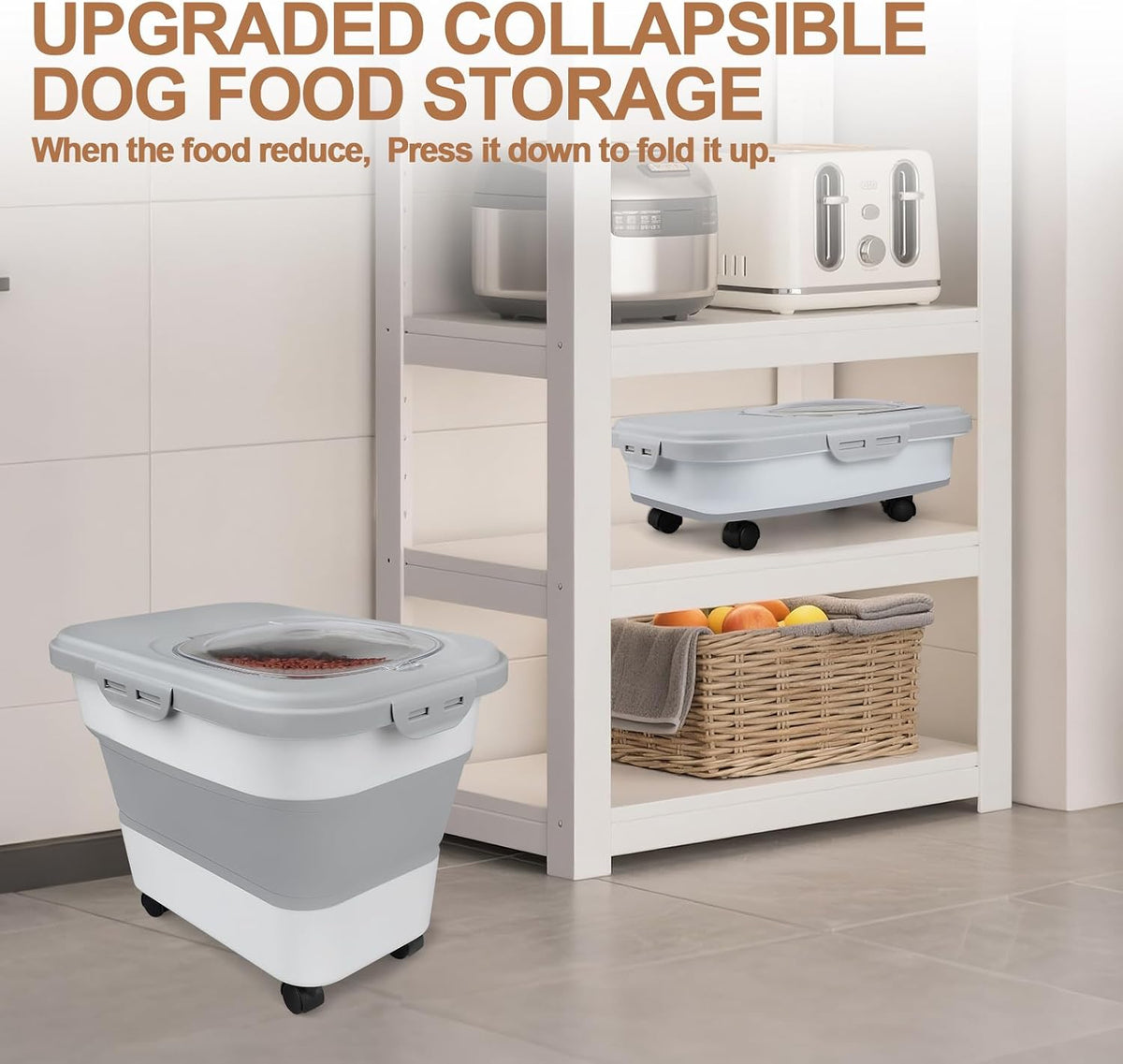 Dog Food Storage Container Small, 10-13lbs Collapsible Dog Cat Food Containers with Airtight Clear Flip-top and Pet Food Scoop, Pet Food Storage Container Bin for Dog Cat Bird Other Pets Grey