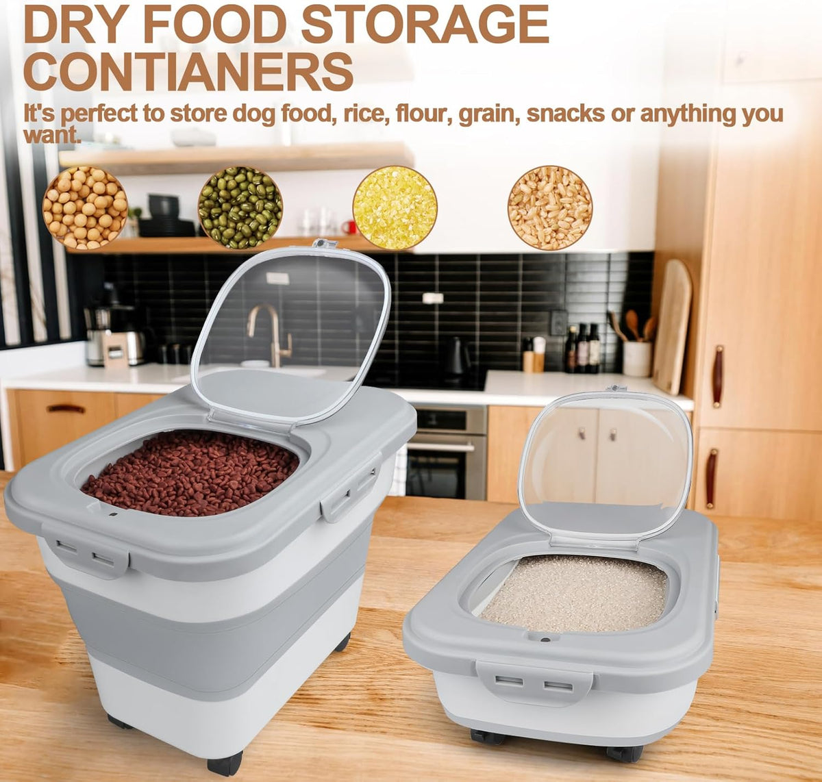 Dog Food Storage Container Small, 10-13lbs Collapsible Dog Cat Food Containers with Airtight Clear Flip-top and Pet Food Scoop, Pet Food Storage Container Bin for Dog Cat Bird Other Pets Grey
