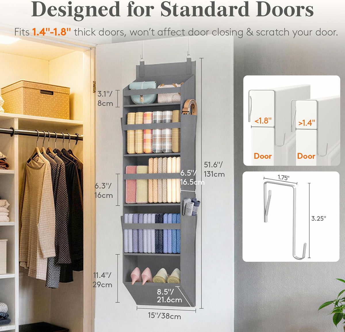 1 Pack Over the Door Organizer 5 Section Hanging Storage, Dark Gray