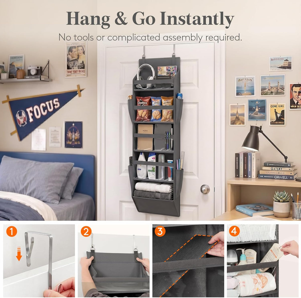 1 Pack Over the Door Organizer 5 Section Hanging Storage, Dark Gray