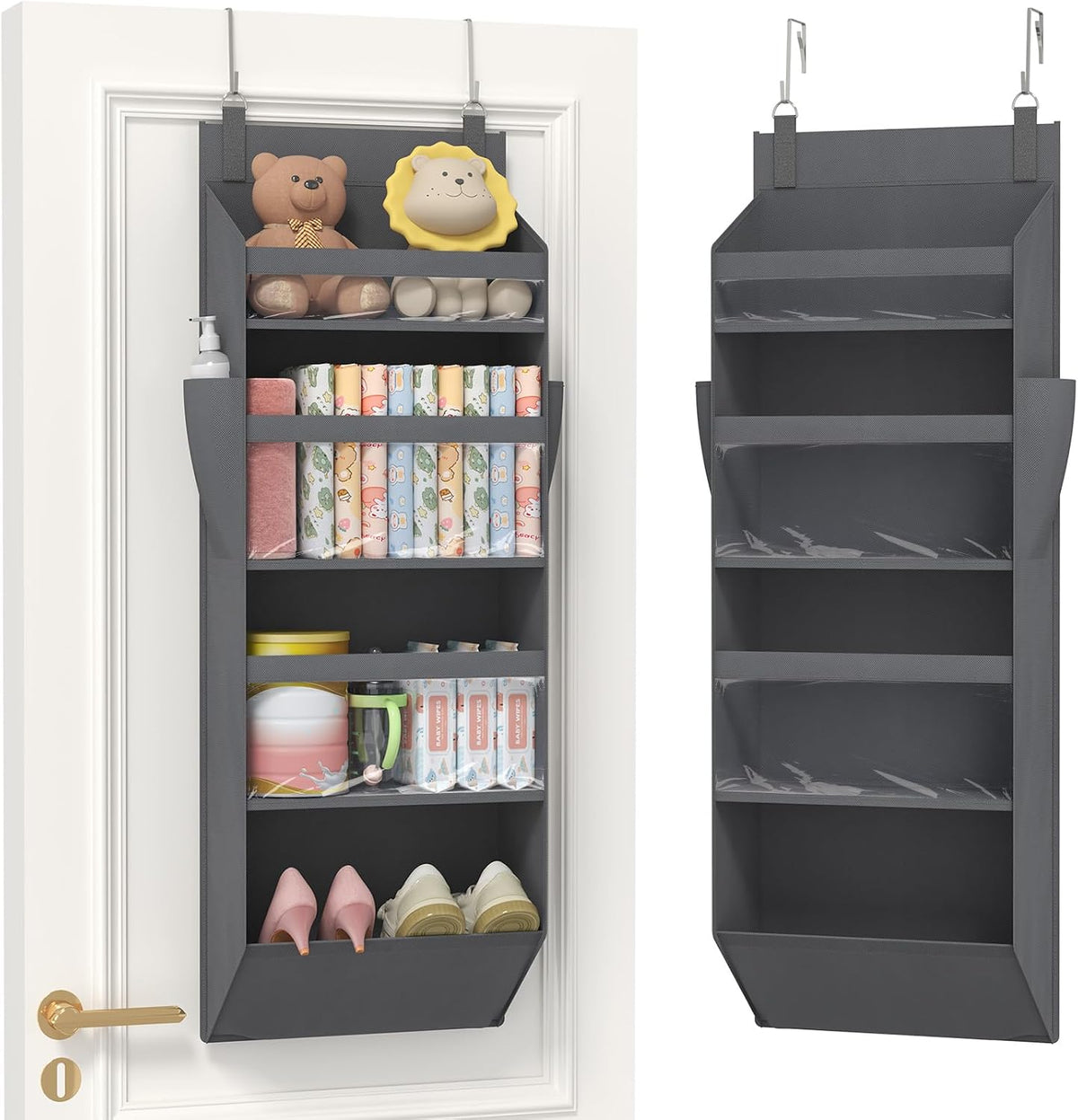1 Pack Over the Door Organizer 5 Section Hanging Storage, Dark Gray
