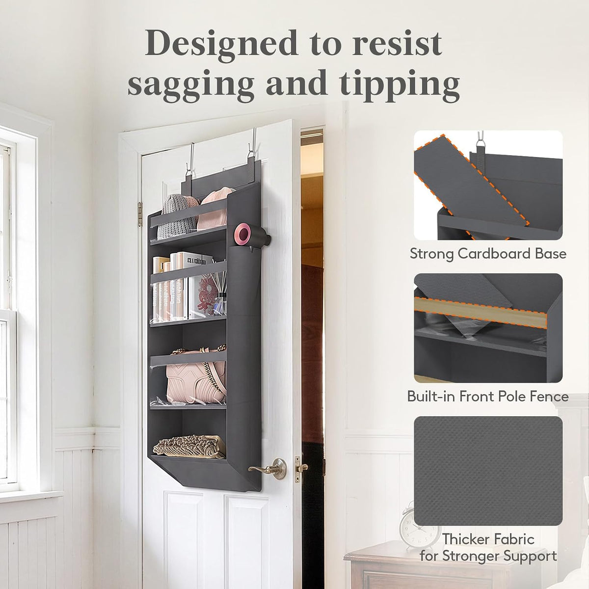 1 Pack Over the Door Organizer 5 Section Hanging Storage, Dark Gray