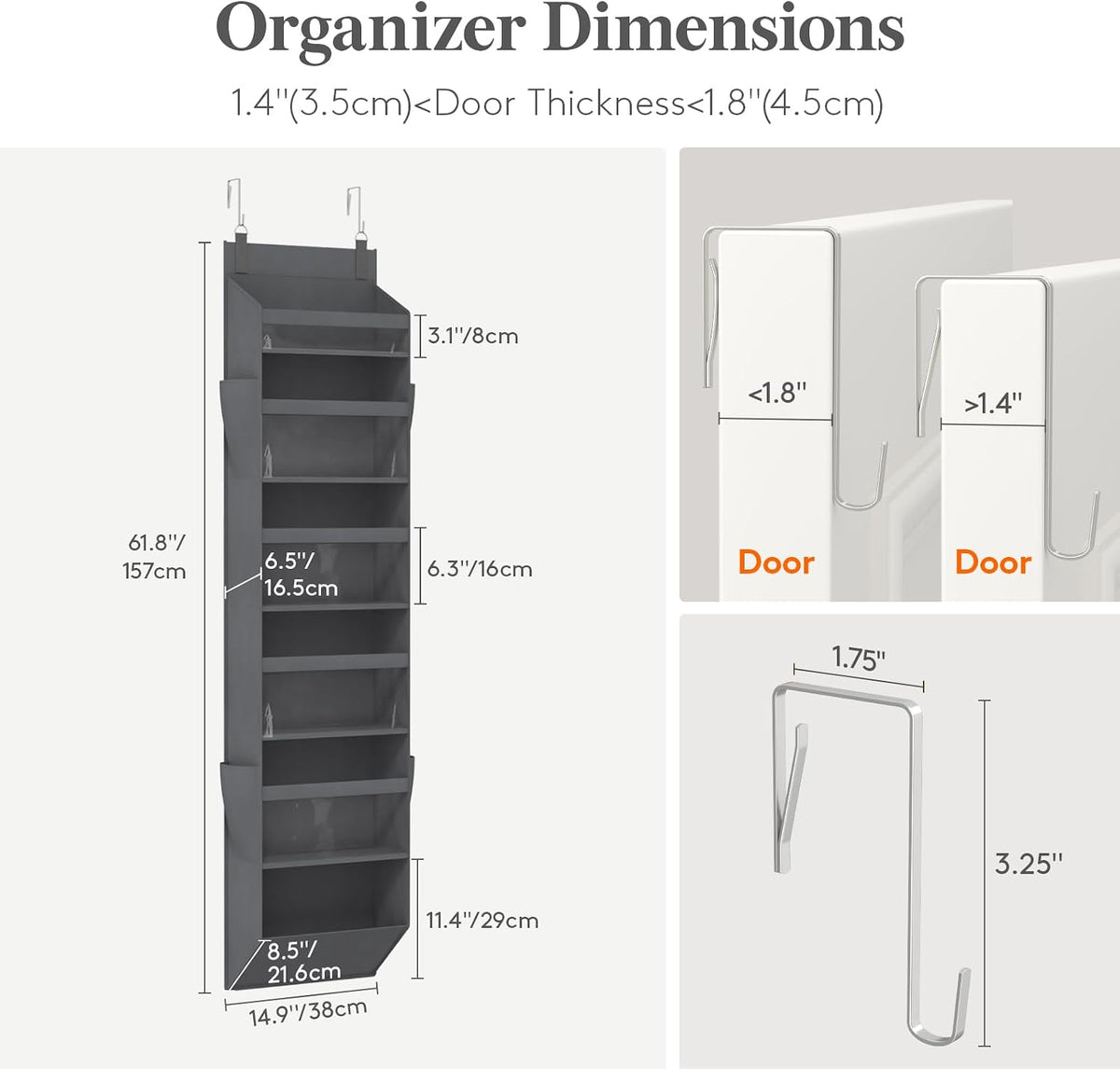 1 Pack Over the Door Organizer 5 Section Hanging Storage, Dark Gray