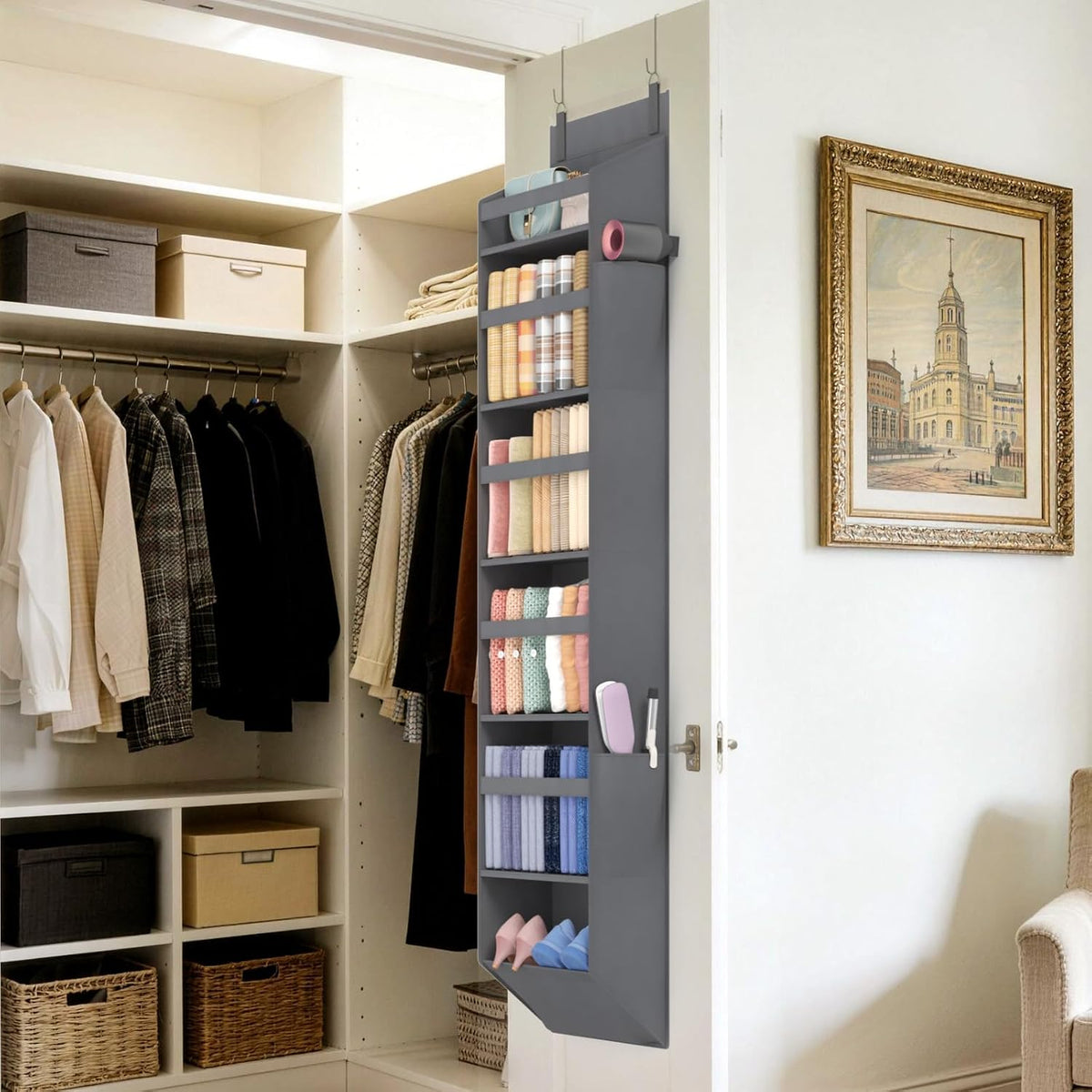 1 Pack Over the Door Organizer 5 Section Hanging Storage, Dark Gray