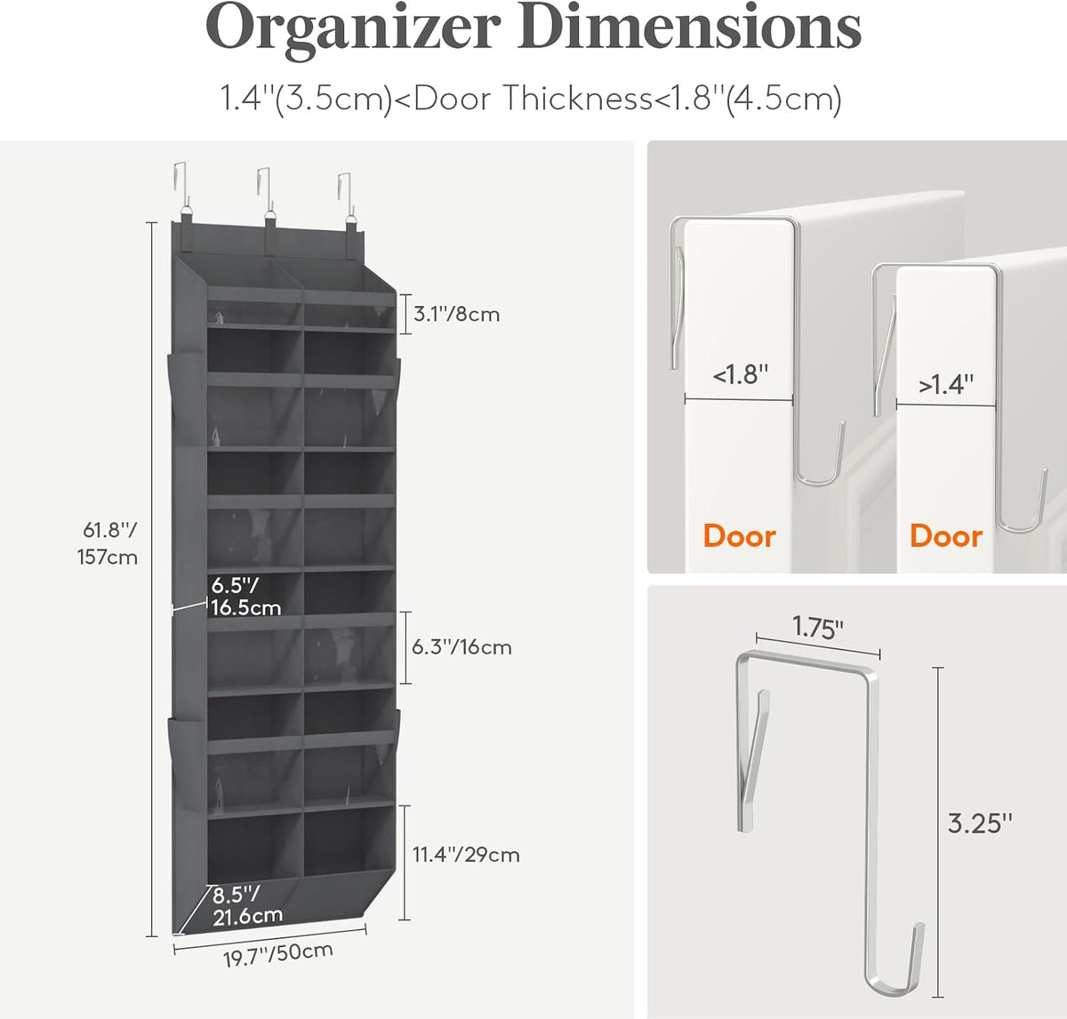 1 Pack Over the Door Organizer 5 Section Hanging Storage, Dark Gray