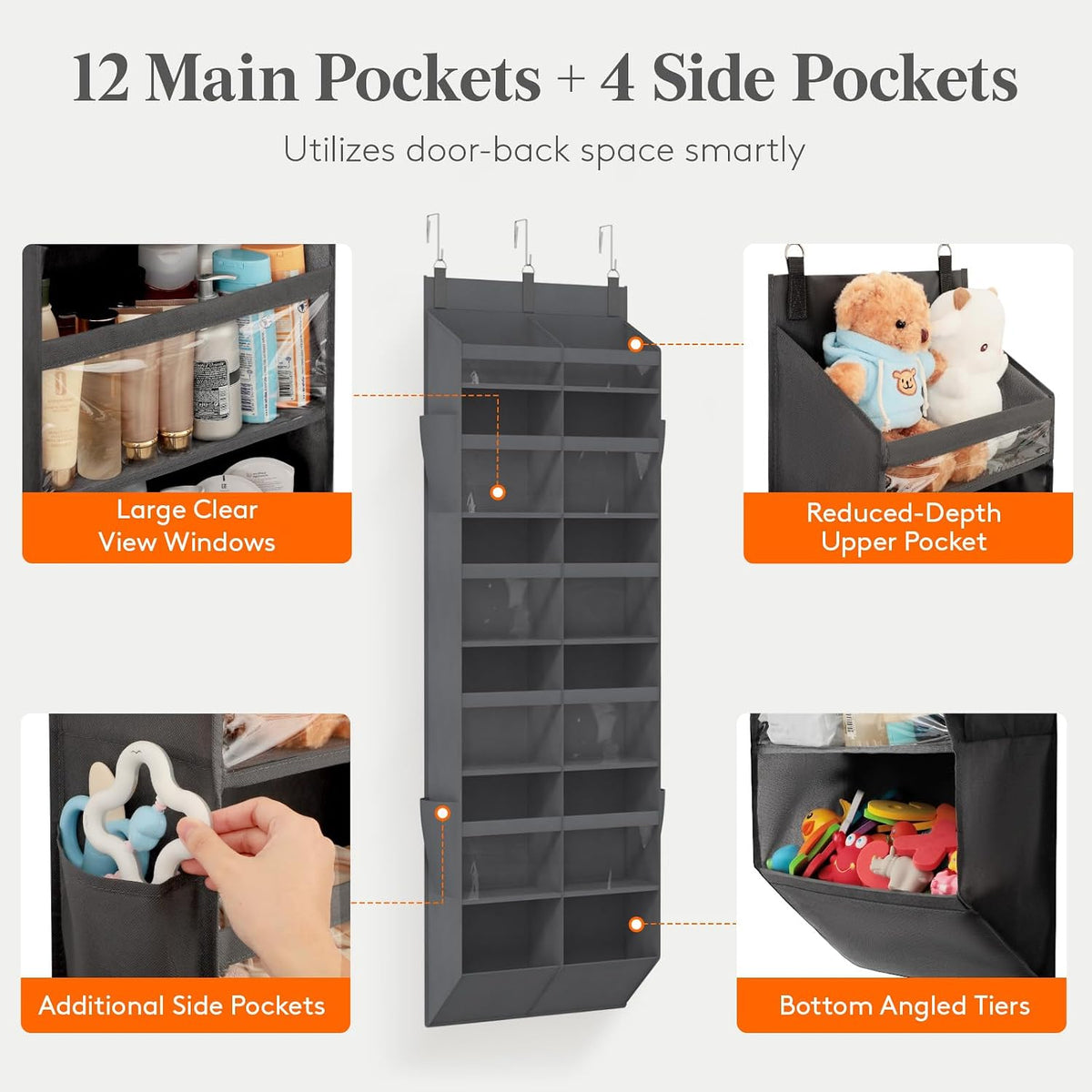 1 Pack Over the Door Organizer 5 Section Hanging Storage, Dark Gray
