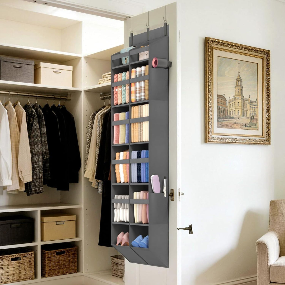 1 Pack Over the Door Organizer 5 Section Hanging Storage, Dark Gray
