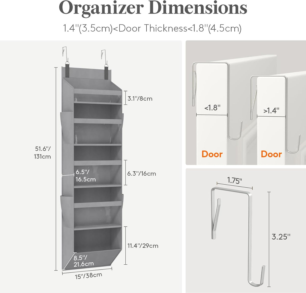 1 Pack Over the Door Organizer 5 Section Hanging Storage, Dark Gray