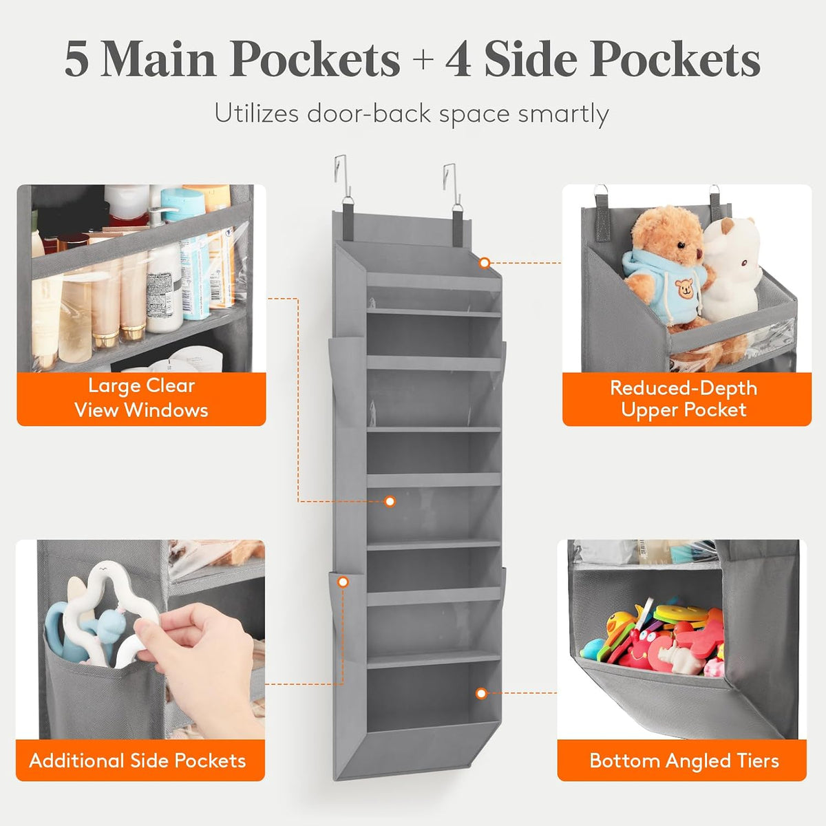1 Pack Over the Door Organizer 5 Section Hanging Storage, Dark Gray