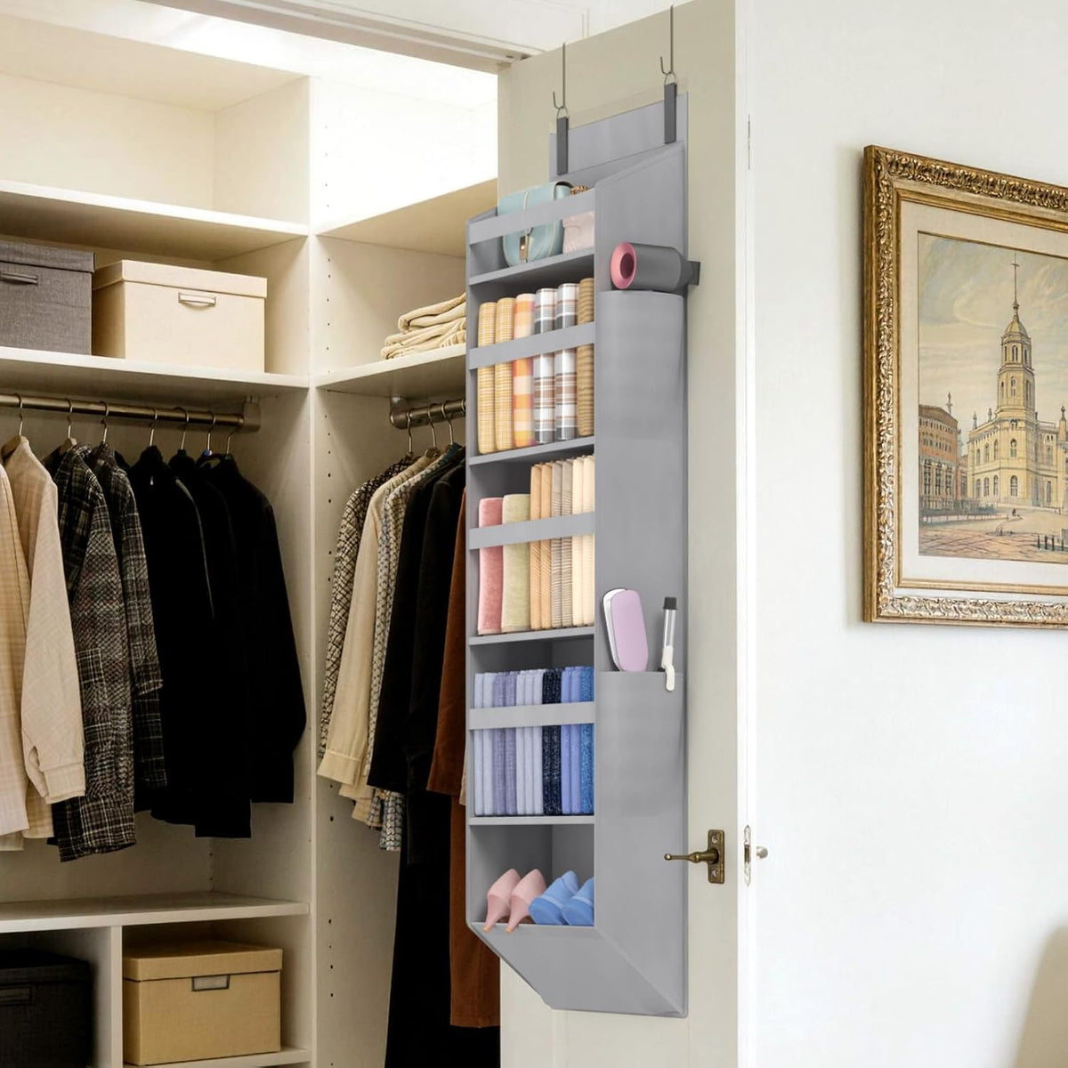 1 Pack Over the Door Organizer 5 Section Hanging Storage, Dark Gray