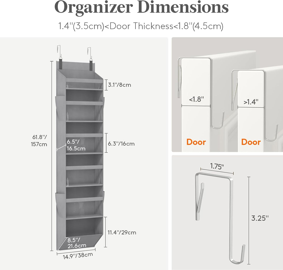 1 Pack Over the Door Organizer 5 Section Hanging Storage, Dark Gray