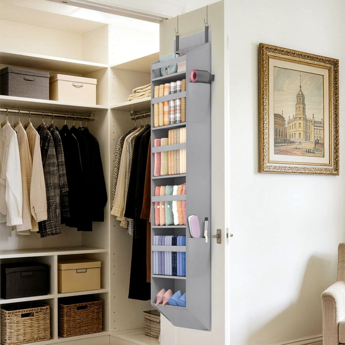 1 Pack Over the Door Organizer 5 Section Hanging Storage, Dark Gray