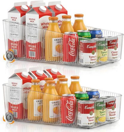 2 Pack Profile Fridge Organizer Bins with Wheels, 2.3'' Low Clear PET Roll Out Refrigerator Trays with 4 Dividers for Soda Cans, Drinks, Snacks and Pantry