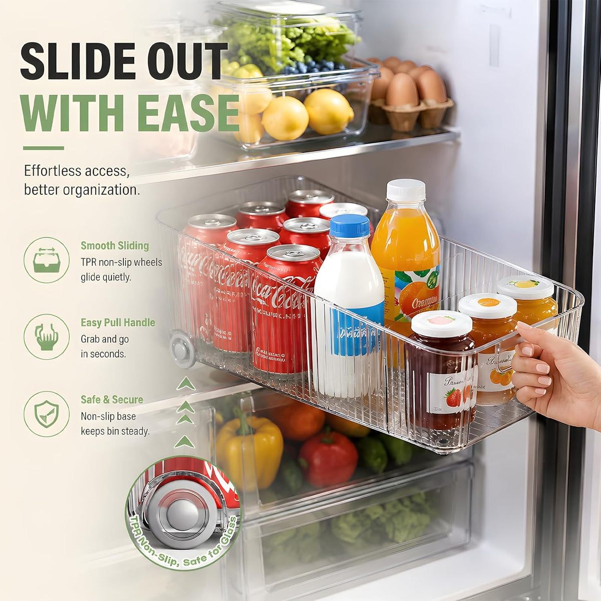 2 Pack Profile Fridge Organizer Bins with Wheels, 2.3'' Low Clear PET Roll Out Refrigerator Trays with 4 Dividers for Soda Cans, Drinks, Snacks and Pantry