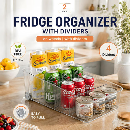 2 Pack Profile Fridge Organizer Bins with Wheels, 2.3'' Low Clear PET Roll Out Refrigerator Trays with 4 Dividers for Soda Cans, Drinks, Snacks and Pantry