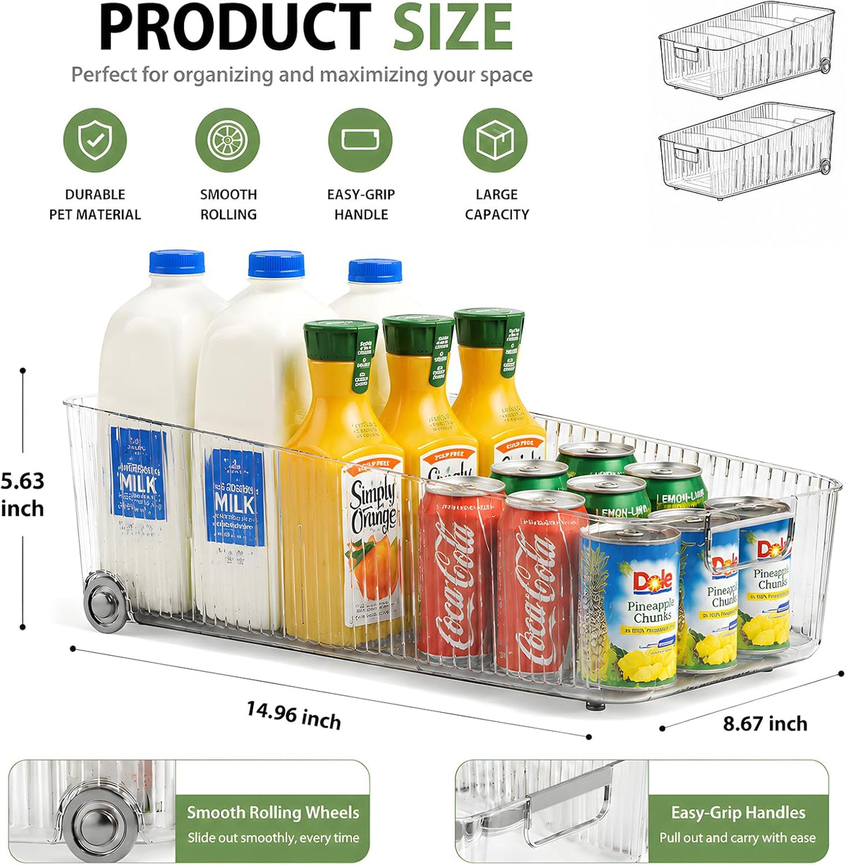 2 Pack Profile Fridge Organizer Bins with Wheels, 2.3'' Low Clear PET Roll Out Refrigerator Trays with 4 Dividers for Soda Cans, Drinks, Snacks and Pantry