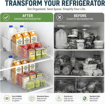 2 Pack Profile Fridge Organizer Bins with Wheels, 2.3'' Low Clear PET Roll Out Refrigerator Trays with 4 Dividers for Soda Cans, Drinks, Snacks and Pantry