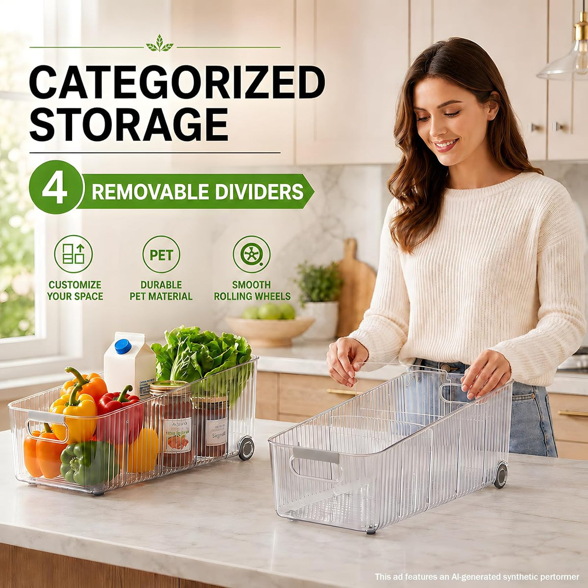 2 Pack Profile Fridge Organizer Bins with Wheels, 2.3'' Low Clear PET Roll Out Refrigerator Trays with 4 Dividers for Soda Cans, Drinks, Snacks and Pantry