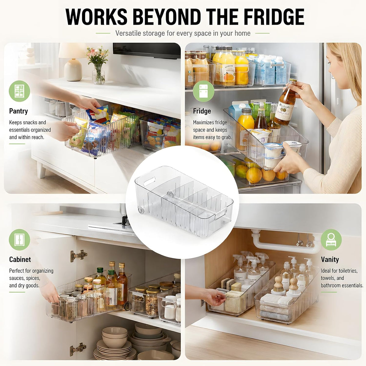 2 Pack Profile Fridge Organizer Bins with Wheels, 2.3'' Low Clear PET Roll Out Refrigerator Trays with 4 Dividers for Soda Cans, Drinks, Snacks and Pantry