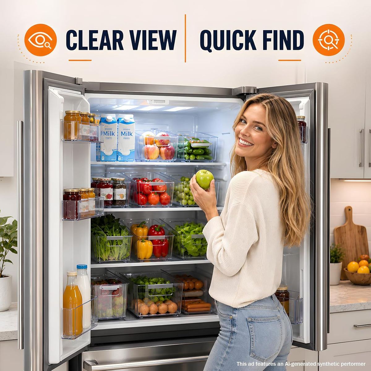 2 Pack Profile Fridge Organizer Bins with Wheels, 2.3'' Low Clear PET Roll Out Refrigerator Trays with 4 Dividers for Soda Cans, Drinks, Snacks and Pantry