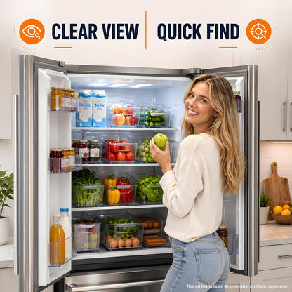 2 Pack Profile Fridge Organizer Bins with Wheels, 2.3'' Low Clear PET Roll Out Refrigerator Trays with 4 Dividers for Soda Cans, Drinks, Snacks and Pantry