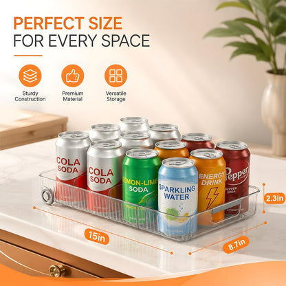 2 Pack Profile Fridge Organizer Bins with Wheels, 2.3'' Low Clear PET Roll Out Refrigerator Trays with 4 Dividers for Soda Cans, Drinks, Snacks and Pantry