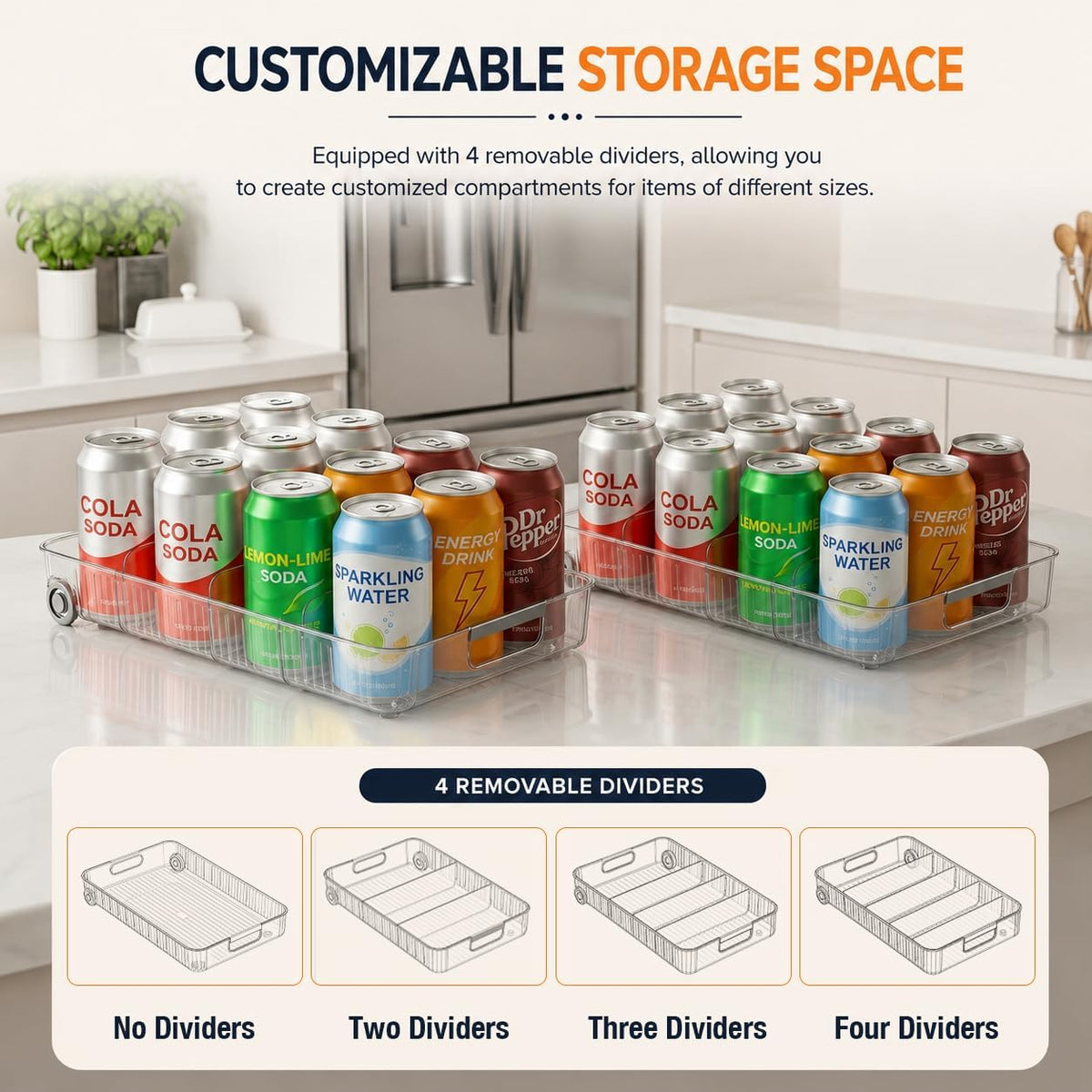 2 Pack Profile Fridge Organizer Bins with Wheels, 2.3'' Low Clear PET Roll Out Refrigerator Trays with 4 Dividers for Soda Cans, Drinks, Snacks and Pantry