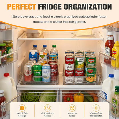 2 Pack Profile Fridge Organizer Bins with Wheels, 2.3'' Low Clear PET Roll Out Refrigerator Trays with 4 Dividers for Soda Cans, Drinks, Snacks and Pantry