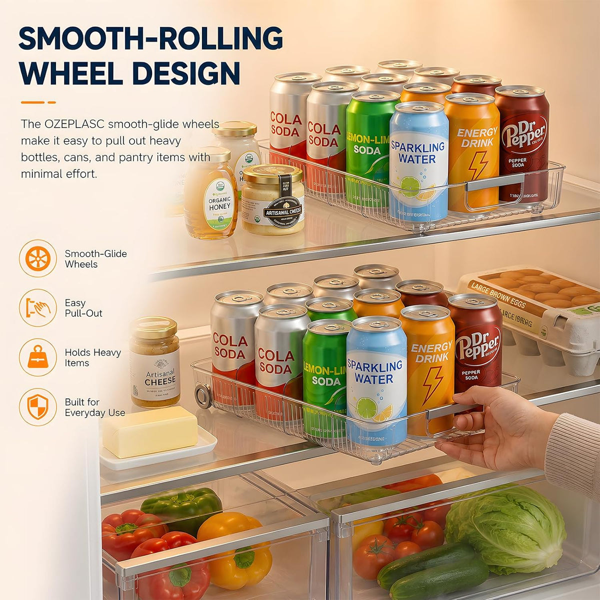 2 Pack Profile Fridge Organizer Bins with Wheels, 2.3'' Low Clear PET Roll Out Refrigerator Trays with 4 Dividers for Soda Cans, Drinks, Snacks and Pantry