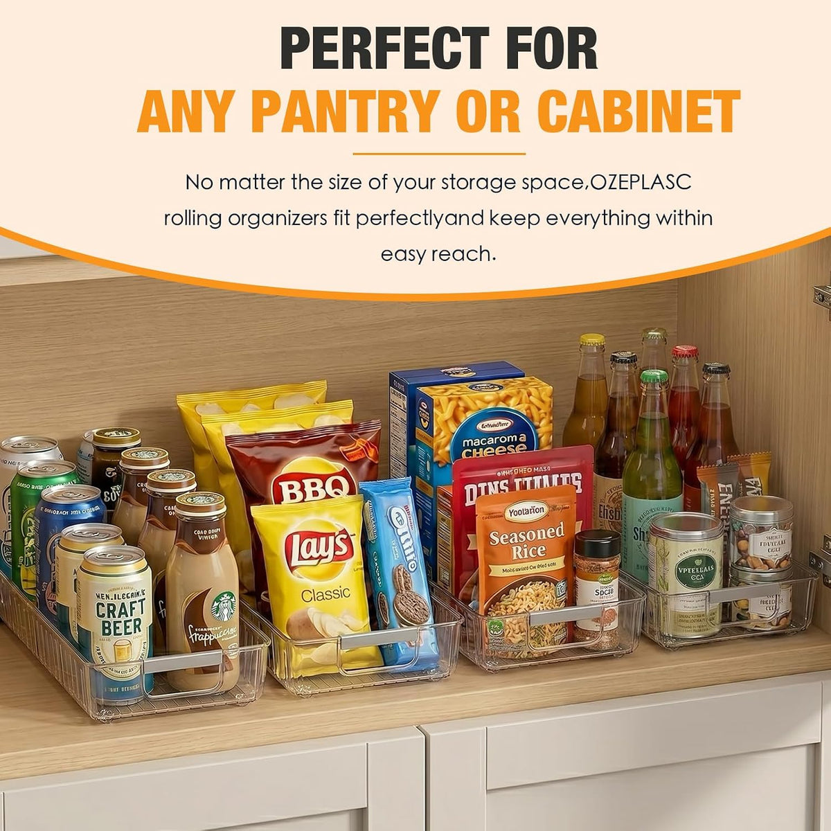 2 Pack Profile Fridge Organizer Bins with Wheels, 2.3'' Low Clear PET Roll Out Refrigerator Trays with 4 Dividers for Soda Cans, Drinks, Snacks and Pantry