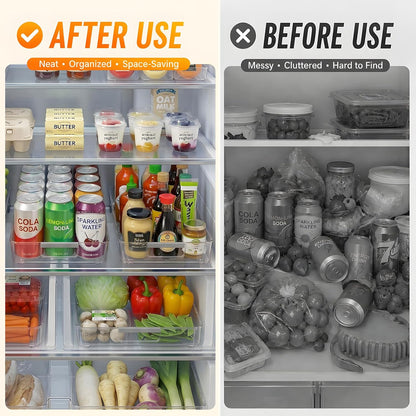 2 Pack Profile Fridge Organizer Bins with Wheels, 2.3'' Low Clear PET Roll Out Refrigerator Trays with 4 Dividers for Soda Cans, Drinks, Snacks and Pantry
