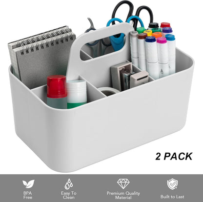 2 Pack Caddy Organizer with Handle, Portable Plastic Caddy, Storage Organization for Cleaning, Bath, Makeup, Art, Craft, Stationery, Classroom and Office, Tote Organizer
